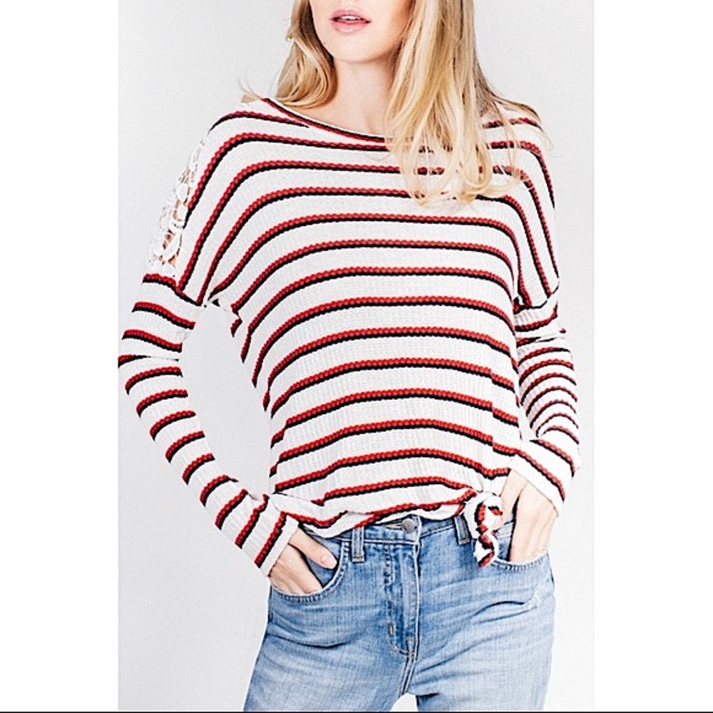 NWT Generation Love Bleecker Striped Top with Lace Shoulder Detail Size Large